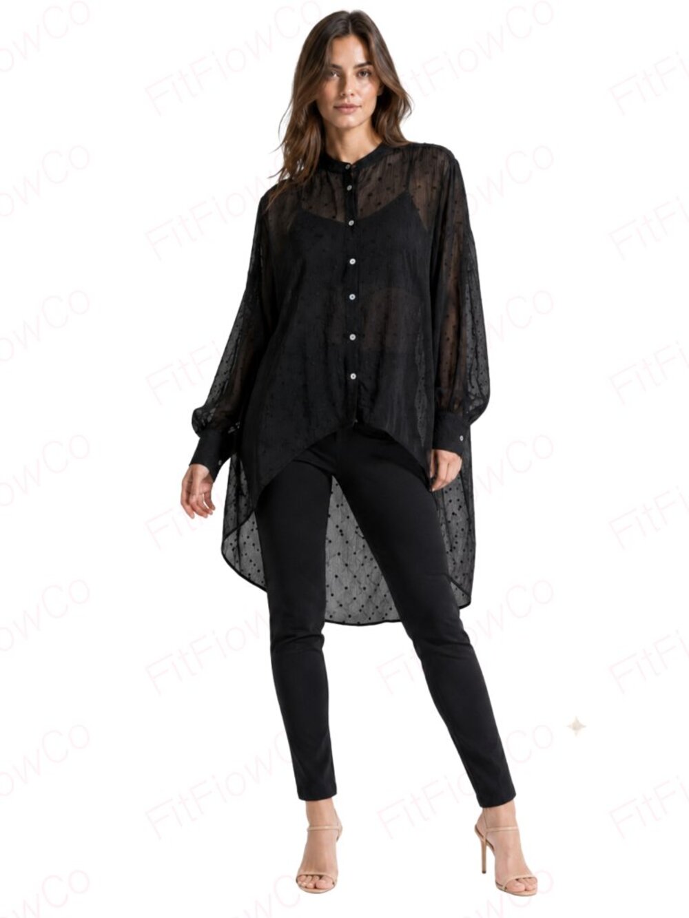 Express Black Sheer Swiss Dot High Low Tunic Blouse M Balloon Sleeve